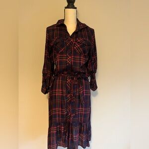 Suzanne Betro Navy and Red Plaid Long Sleeve Dress
